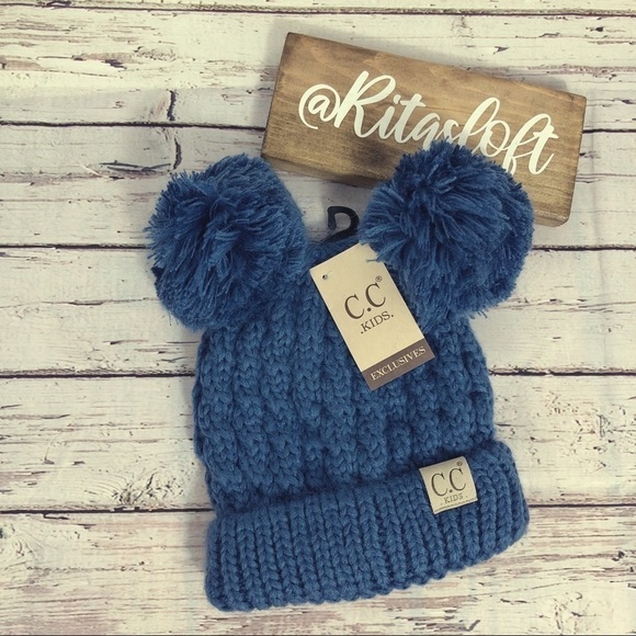 CC Beanie Kids Chunky Cable Knit Hat Double Pom - Picture 1 of 2
